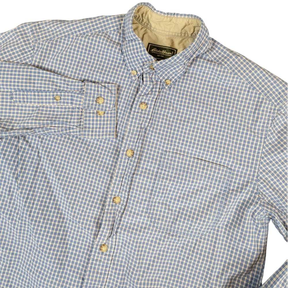 Eddie‎ Bauer Mens Medium Blue Gingham Check 100% Cotton Button Down Shirt LS